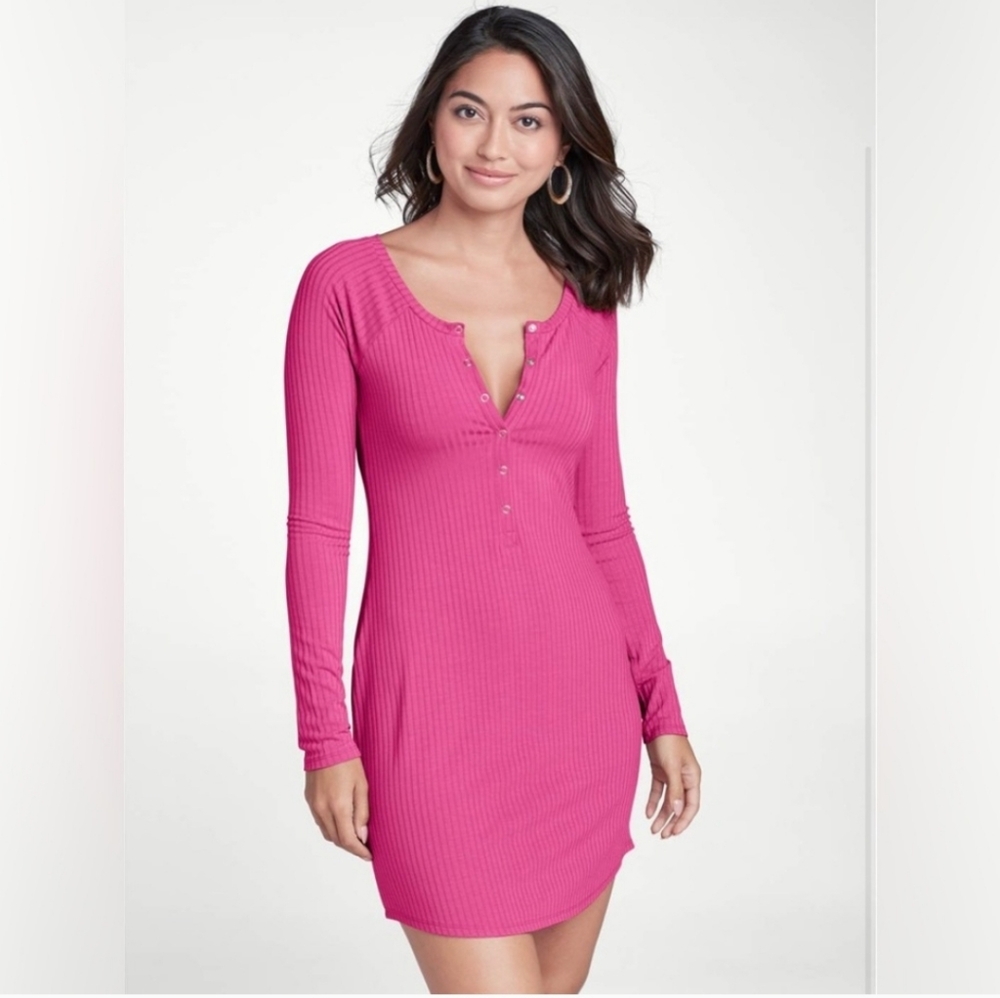 🩷 VENUS Pink Long Sleeve Henley Dress